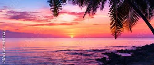 Colored beach with palm trees with sunset light and reflections. Vacation, romance. Ai generation © Marina Red