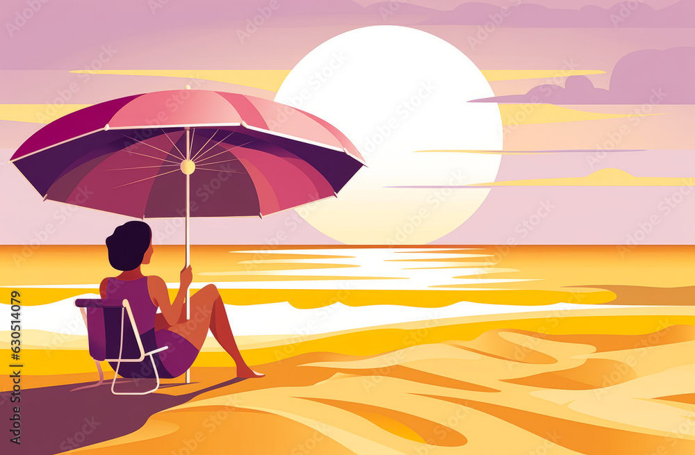 Girl on the beach. illustration style. Ai generation