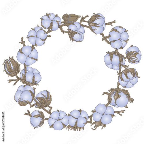 A vector colored image of a round frame made of a group of opened and closed cotton bolls on a white background for design of text, label, greeting and invitation cards
