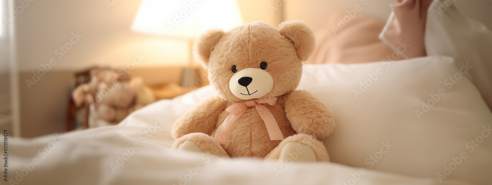 Cute Teddy Bear Stuffed Plush Toy Poses on Bed, Creating Warm and Joyful Memories. Cute Teddy Bear Stuffed Plush Toy Poses on Bed, Creating Warm and Joyful Memories.
