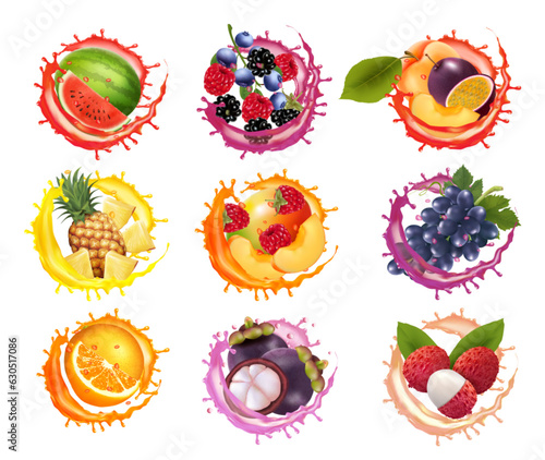 Set of fruits and berries in juice splashes. Watermelon,  pineapple, grape. papaya, banana, mango, passion flower, raspberry, mangosteen, strawberry, plum juice drink splashing. Vector