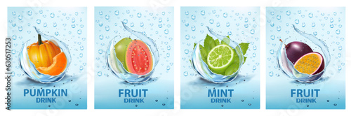 Set of labels with fruit and vegetables drink. Fresh fruits juice splashing together- papaya, passion fruit, mint, limem pumpkin in water drink splashing. Vector illustration.
