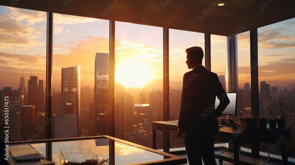 backside of businessman at his office before start working in the morning sunrise. backside of businessman at his office before start working in the morning sunrise.