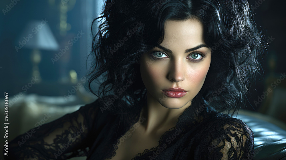 Female vampire with green eyes. Generative AI Female vampire with green eyes. Generative AI
