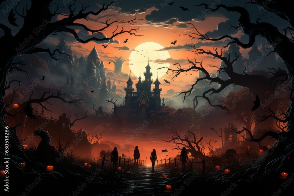 A digital illustration of a spooky Halloween night, a group of kids wandering through a misty graveyard. Carry glowing jack-o'-lanterns and cautiously explore the eerie tombstones. Generative Ai