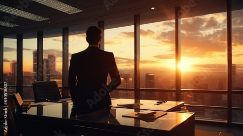backside of businessman at his office before start working in the morning sunrise.
