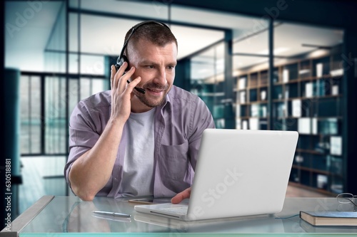 Middle aged business manager work on laptop, AI generated image