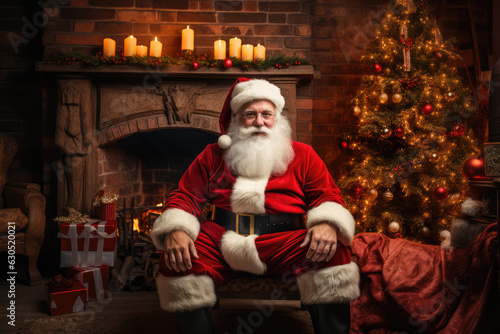 A friendly Santa Claus smiling at his home sitting by the fireplace on Christmas night.