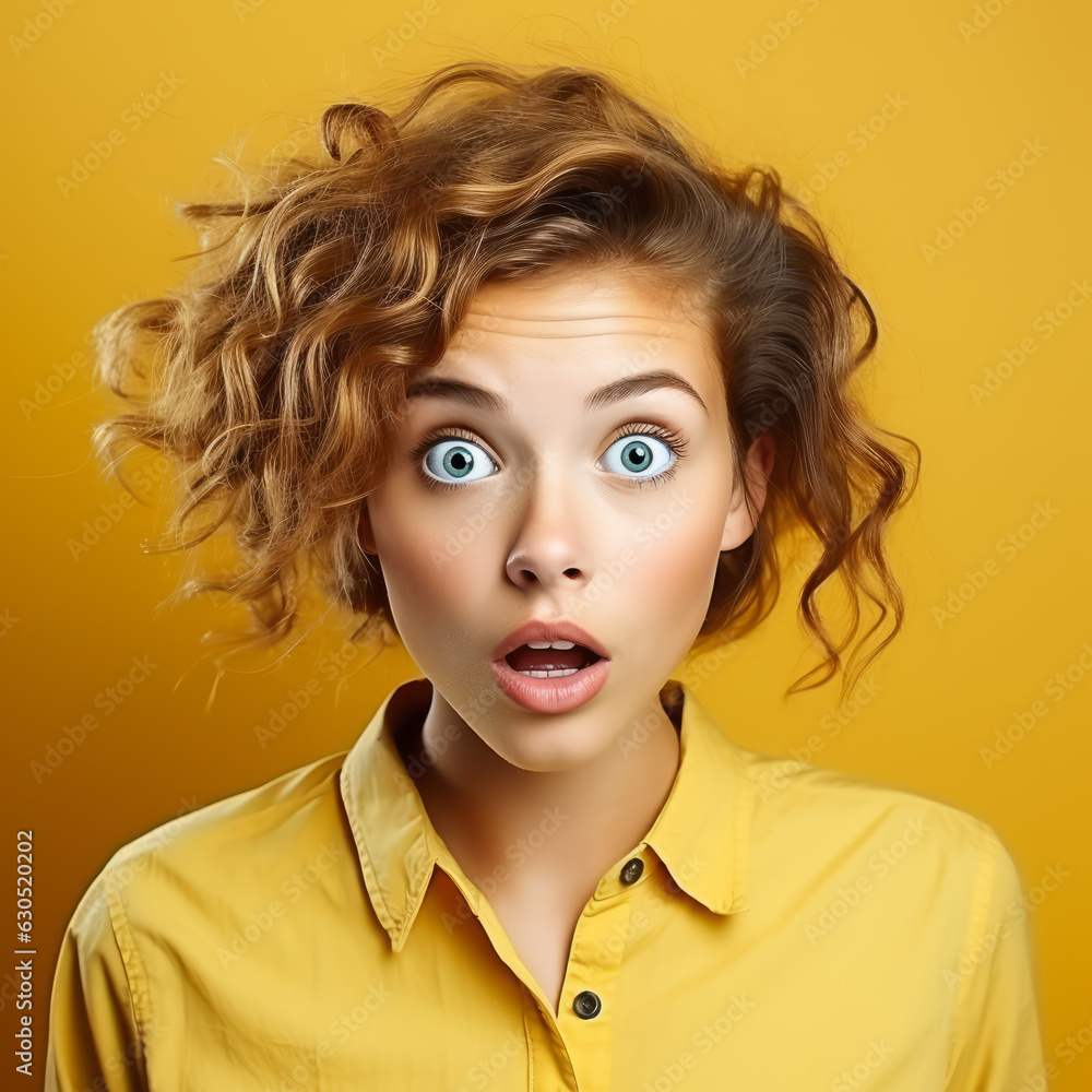 Portrait of a surprised teenage girl with big eyes and an open mouth. Closeup face of an amazed Caucasian teenager on a yellow background. Astonished European kid in a yellow shirt looking at camera. Portrait of a surprised teenage girl with big eyes and an open mouth. Closeup face of an amazed Caucasian teenager on a yellow background. Astonished European kid in a yellow shirt looking at camera.