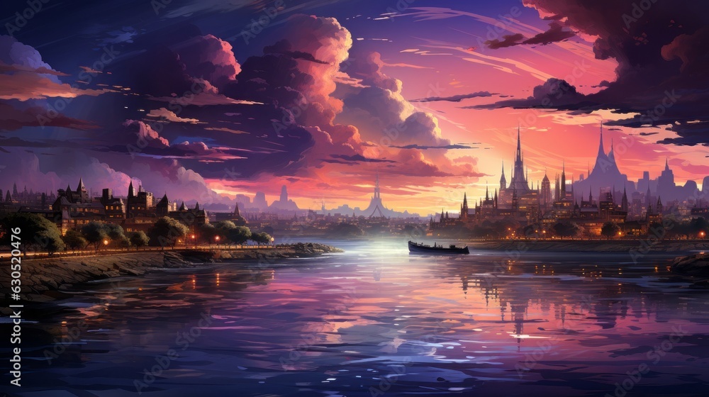 A beautiful sunset over a futuristic city with a lake in the foreground. Generative AI. 