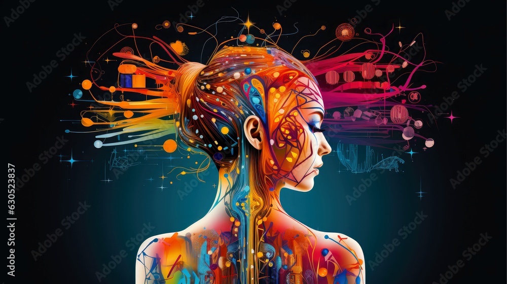 Illustration of abstract profile of a human head and consciousness with