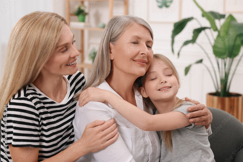 Three generations. Happy grandmother, her daughter and granddaughter at home Three generations. Happy grandmother, her daughter and granddaughter at home