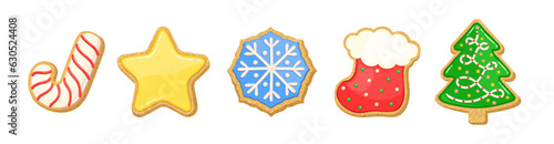 Christmas sugar cookies vector illustration. Gingerbread bisquits decorated with icing. Snowflake, star, Christmas tree, candy cane shape. Sugar cookie home bakery graphic. Cute cartoon winter design.