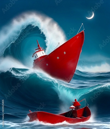 RED BOAT IN ROUGH SEA, GIANT WAVES