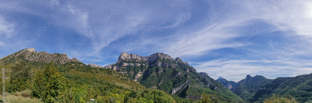 Panorama landscape of canyon Canon de Anisclo in Pyrenees mountains, Ordesa y Monte Perdido National Park, Aragon, Huesca, Spain