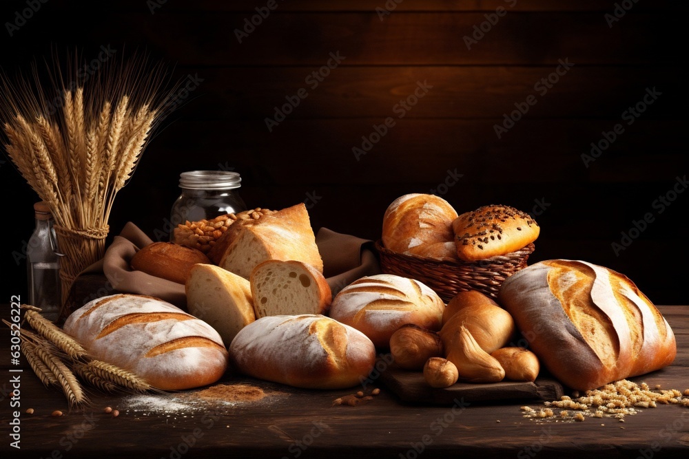 Generative AI : Assortments of bread, freshly baked on wooden shelves ...