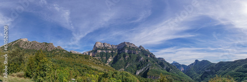 Panorama landscape of canyon Canon de Anisclo in Pyrenees mountains, Ordesa y Monte Perdido National Park, Aragon, Huesca, Spain