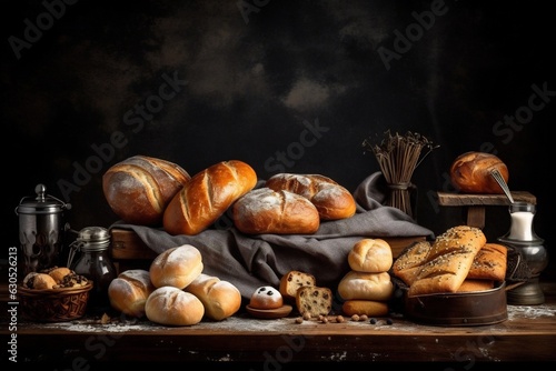 Generative AI : Assortments of bread, freshly baked on wooden shelves. Piles of breads. Bakery shelves full of breads. Bakery goods. Variety of loaves and buns.