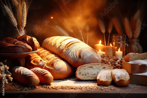 Generative AI : Assortments of bread, freshly baked on wooden shelves. Piles of breads. Bakery shelves full of breads. Bakery goods. Variety of loaves and buns.