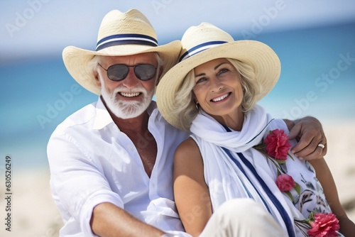 Generative AI : Senior couple relaxing by the sea on sunny day