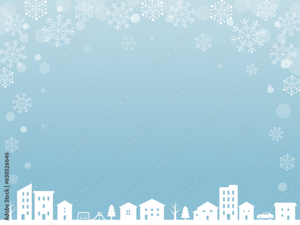 冬の街並みと雪の結晶の背景フレーム_ベクターイラスト