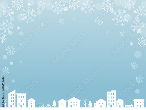 冬の街並みと雪の結晶の背景フレーム_ベクターイラスト