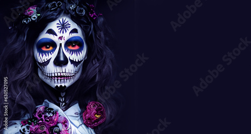 portrait of a person with scary makeup done for day of the dead, dia de los Muertos, traditional holiday in Mexico created with generative ai technology