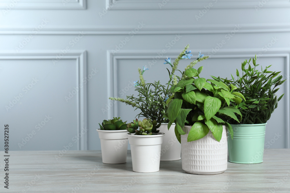 Many different artificial plants in flower pots on white wooden table near grey wall, space for text Many different artificial plants in flower pots on white wooden table near grey wall, space for text