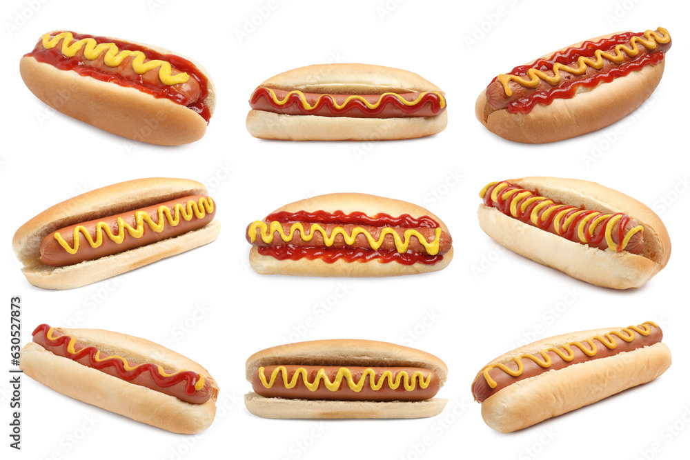 Set of different yummy hot dogs isolated on white Set of different yummy hot dogs isolated on white