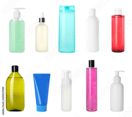 Set of different face cleansers or other cosmetic products isolated on white