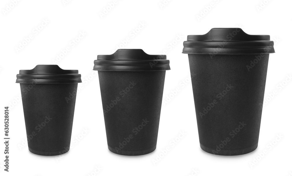 To-go drink. Set with three paper coffee cups of different sizes isolated on white To-go drink. Set with three paper coffee cups of different sizes isolated on white