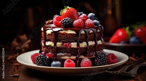 chocolate cake with melted sweet chocolate and pieces of fruit on a plate with a blurred background