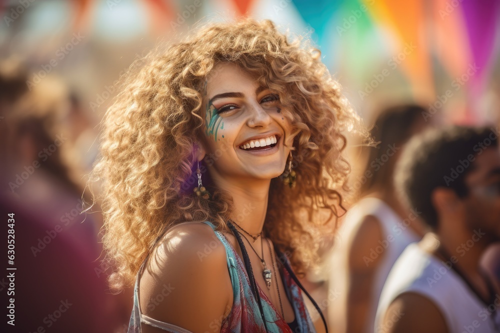 Happy young girl with curly hair having a good time at a festival.