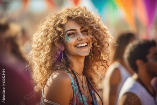 Happy young girl with curly hair having a good time at a festival.