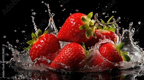 fresh red strawberry hit by water splash on black background and blur