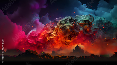 polygonal triangular mountain shapes, top copyspace, trendy colors, fictional landscape of another planet, Cryptocurrency webpage background, widescreen , Contemporary design, digital asset theme © Yuliia