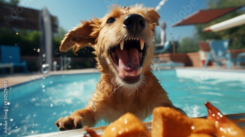 Dog jumping on food at pool party