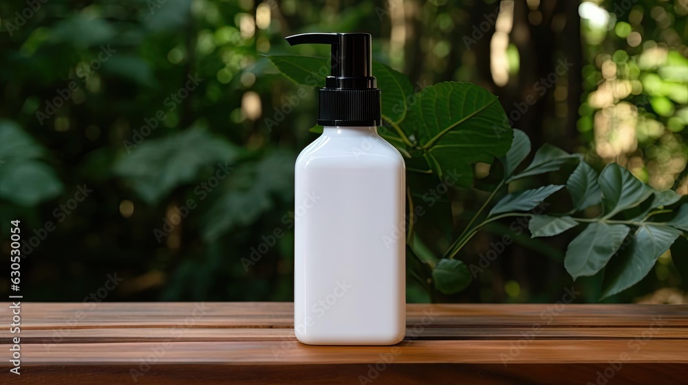 hand sanitizer bottle for mockup on wooden table with leaf ornament and blur background hand sanitizer bottle for mockup on wooden table with leaf ornament and blur background