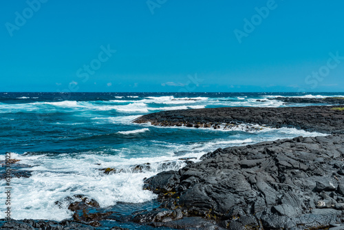 Punalu'u Black Sand Beach , Big Island, Hawaii.  Pahoehoe  Lava. volcanic rock.