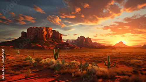 A row of mesas elevates over the desert terrain. 