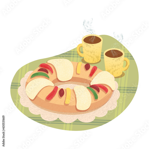 Rosca de reyes con chocolate caliente. Tradici√≥n cat√≥lica mexicana.
