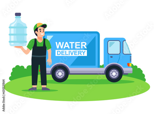 water delivery truck. male water bottle delivery man. flat vector illustration.