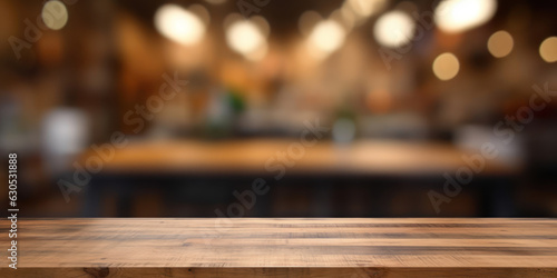 Dark wooden board empty table top and blur interior shop