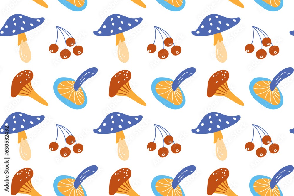 Fototapeta premium Mushrooms and leaves, seamless flat pattern. Autumn mushroom pattern, cheerful autumn forest, isolated.