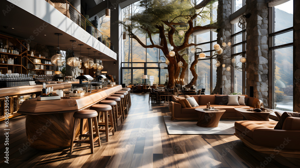 Interior of modern cafe, coffee shop Generative AI
