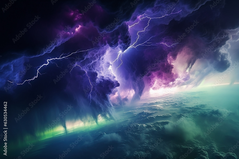 Obraz premium An image of severe storm clouds, lightning, thunderstorms, Northern Lights in the atmospheres - Generative AI