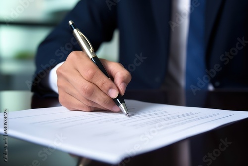 a male businessman with a suit signing a document with his pen by writing down his signature. filling out a paper blank check form paper on a desk in business office. Generative AI