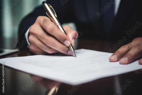 Canvas Print a male businessman with a suit signing a document with his pen by writing down his signature