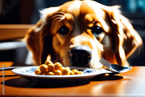 A golden retriever who sits at a table and eats with a spoon. Generative AI