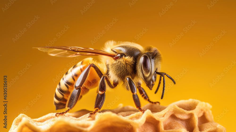 Honeybee, yellow background, macro photo Honeybee, yellow background, macro photo